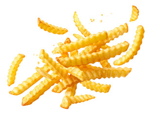 Golden, crispy, crinkle-cut fries arranged in a dynamic pile against a black background