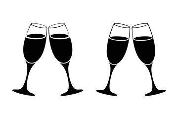 Two pairs of black champagne glasses are touching each other in this transparent background