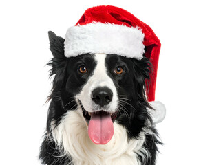 Black and white dog with floppy ears and a red Santa hat smiles for the camera