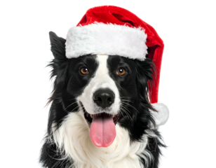 Black and white dog with floppy ears and a red Santa hat smiles for the camera