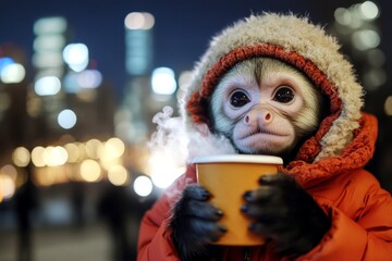 Problem of cold animals. Sad cute baby animal white-faced capuch