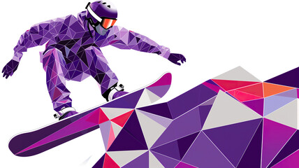 The snowboarder in a helmet and mask is made in a bright geometric style
