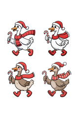 Animated goose family wearing santa hats and red boots is walking with transparent background