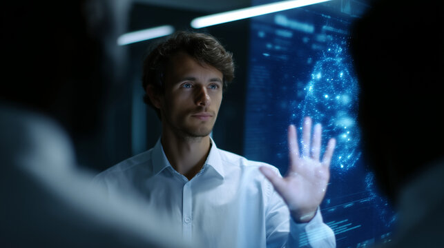 Entrepreneur presenting startup ideas using AI holographic display investors watching data projections in dark futuristic room, dynamic lighting, neural data visualization, global