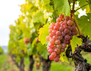 Close-up of ripe, pink grapes hanging on a vine, with green leaves and rows