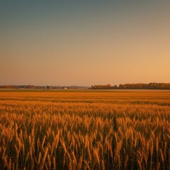 Obraz premium Golden wheat field stretching towards the horizon under a warm, serene sky at sunset