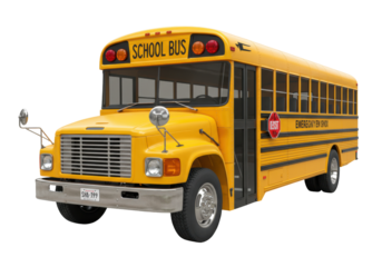 Isolated yellow school bus, front quarter angle view, transportation and safety for children