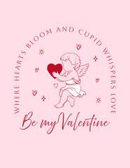 Coquette whimsical Valentine card with cupid and heart