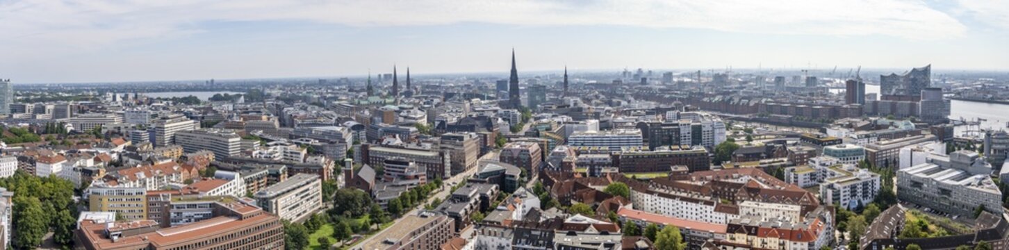 Panorama, city view, view over the city with church towers, town hall tower and Elbphilharmonie, from the tower of St Michael's Church, Hamburg, Germany
