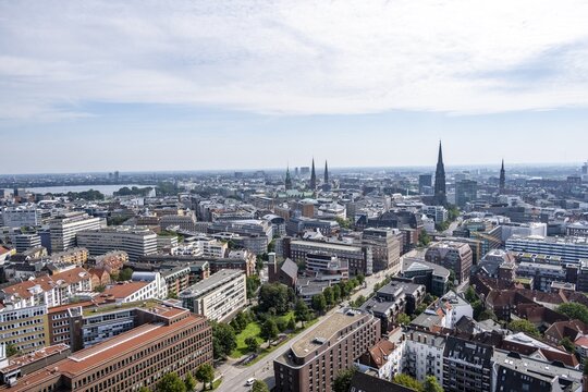 City view, view over the city with church towers and town hall tower, from the tower of St Michael's Church, Hamburg, Germany