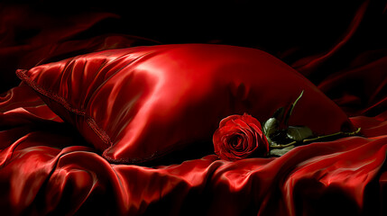 Deep red satin pillow resting on draped silk fabric with single rose and soft shadow against dark background