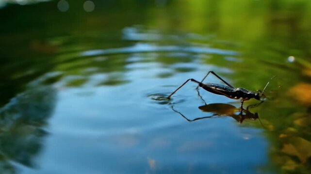 A water strider insect, dark against rippling water, with blurred, green background
