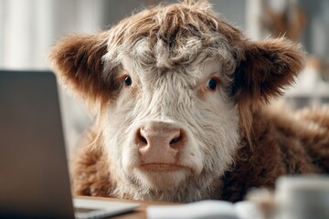 Delighted bull sits human-like in bright room. Cute animation. Is crypto the new frontier or a dangerous illusion. Bull humor. Bull joy.