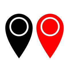 Red pin marker with white dot isolated on white background.