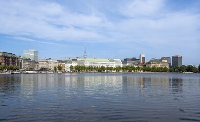View over the Inner Alster with television tower, Hamburg, Germany