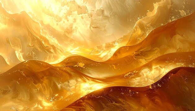Abstract depiction with fluid forms, evoking a sense of light and warmth. Golden hues create rolling landscapes, and a bright aura in the sky