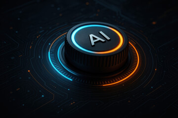 AI technology and innovative design glow with blue and orange light creating a futuristic interactive interface