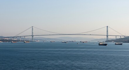 Obraz premium Suspension Bridge Spanning Blue Waters Under Clear Sky.