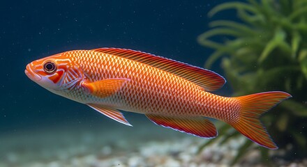 Naklejka premium Vibrant Orange Fish Swimming Gracefully in Clear Aquarium Water.