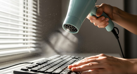 Hands carefully cleaning a computer keyboard with a hair dryer, dislodging dust in a sunlit home office. life hack