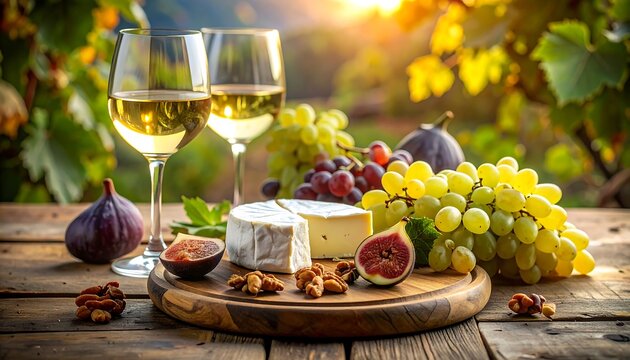 Still life with wine glasses, fruit, and cheese on a wooden platter