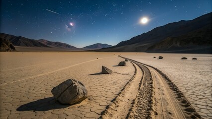 Mountain road leading through dry desert landscape under blue sky