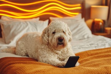 Smartphone surprise: cute dog's morning tech encounter. Smartphone encounter. Fast communication channels are shaping a new reality of connection. Canine tech. Dog's morning.