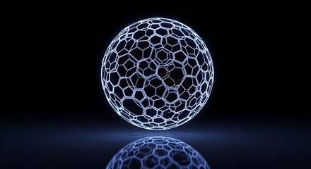 Luminous Sphere with Geometric Hexagon Structure on Black Background.