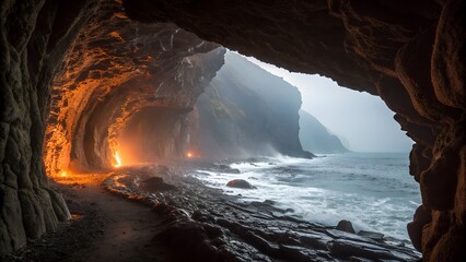 waterfall inside a rocky cave with flowing stream and natural beauty