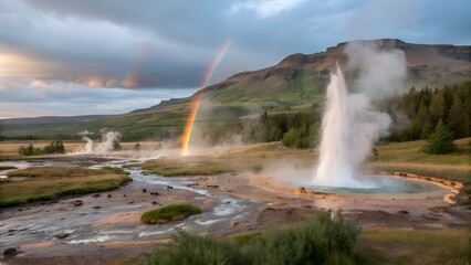 Grand cascade waterfall in Iceland with mist and rainbow