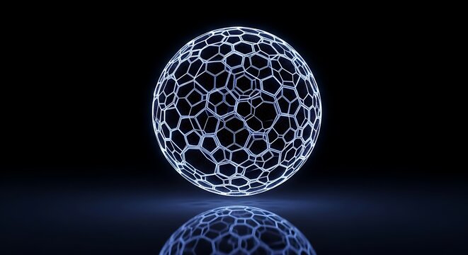 Luminous Sphere with Geometric Hexagon Structure on Black Background.