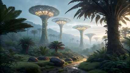 Palm trees shining under the night sky by the beach in Dubai