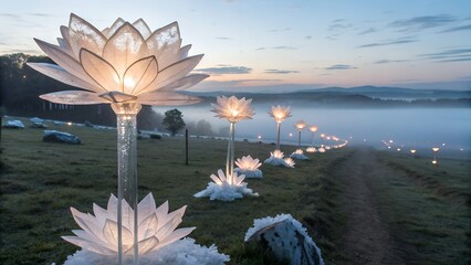 Beautiful water lilies floating on a calm lake surrounded by nature