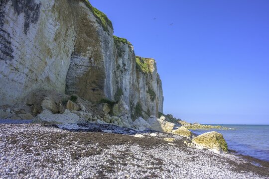 Cliffs on the beach at Valleuse d'Etigue, hike from Yport to Etretat along the chalk cliff coast, Seine-Maritime department, France