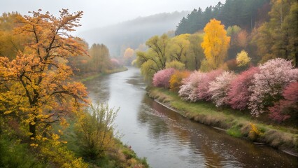 Beautiful autumn forest river with colorful trees and reflections