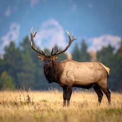 A majestic elk with impressive antlers stands proudly in a field