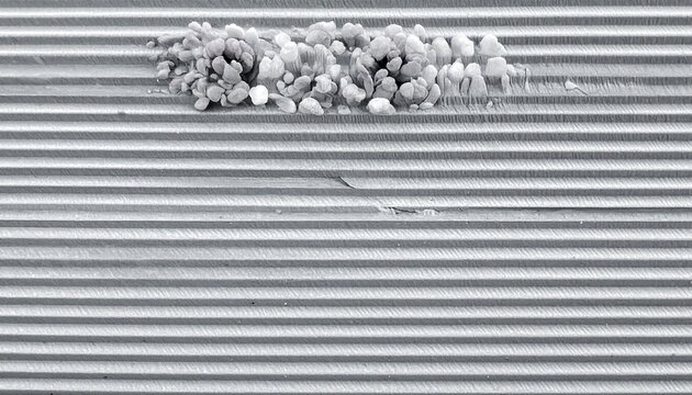 An abstract grayscale macro shot featuring textured horizontal lines with an irregular cluster of small, round objects at top