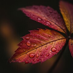 Obraz premium Autumn leaf close-up with glistening water droplets showcasing nature's intricate beauty and
