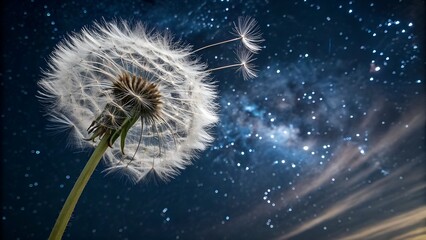 Fluffy dandelion seeds blowing gently against a black background in soft natural light