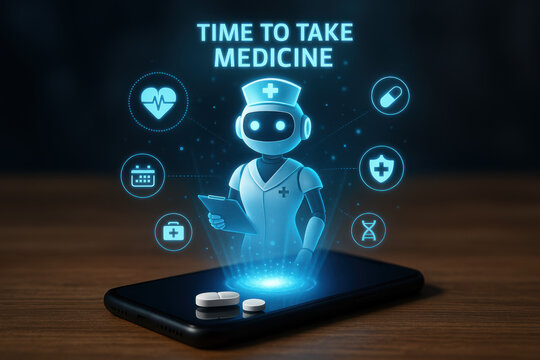 Time medicine reminder healthcare and technology create a futuristic hologram nurse aiding medication alert with digital care