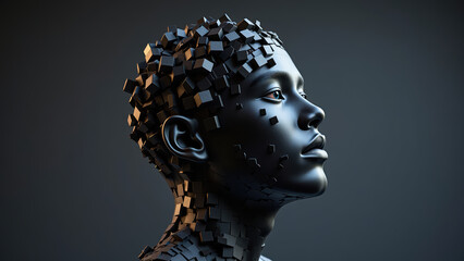 Futuristic portrait of figure with textured surface made of black cubes, showcasing blend of art and technology