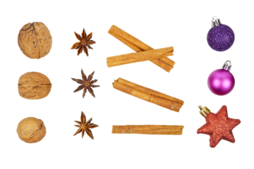 set of christmas decorations: walnut, anise star, cinnamon and christmas balls in red and purple isolated on white or transparent png