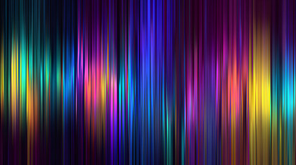Fototapeta premium Neon ribbed fractal glass 3d background. Holographic vertical stripe pattern with vibrant purple blue yellow gradient. Abstract black bg, iridescent texture lines in radiant colors. 
