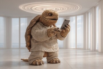 Delighted turtle finds joy in technology. Turtle room. How crypto blurs the line between freedom and financial danger. Playful turtle. Turtle digital.