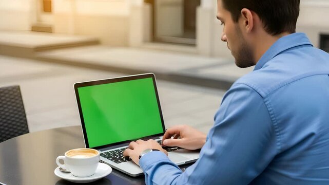 Professional man working dynamically on laptop with green screen at outdoor caf&eacute; enjoying vibrant coffee break, perfect for business promo