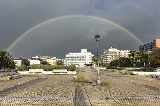 Rainbow over the Plaza de la Derrhumbada, former bus station, closed since 2009 due to dilapidation, Puerto de la Cruz, Tenerife, Canary Islands, Spain