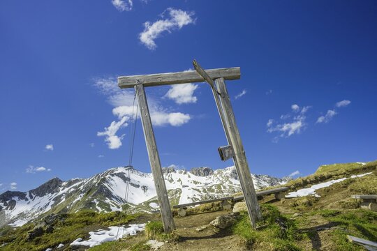 Part of the art action Oeffne die Tuer fuer eine andere Welt, Porta Alpinae at the Zeigersattel, behind it the Nebelhorn, 2224m, Allgaeuer Alps, Bavaria, Germany