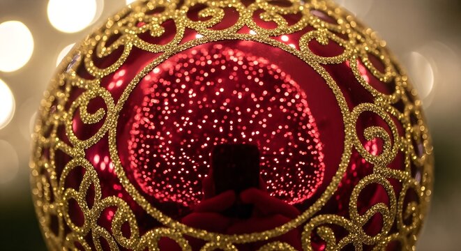 A close-up shot of a red Christmas ornament with intricate gold detailing and a reflection of lights.