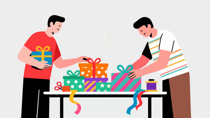 Holiday Gift Station — Two Men Wrapping Christmas Presents at a Festive Table