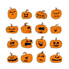 Halloween pumpkins with funny and spooky carved faces, cartoon vector illustration